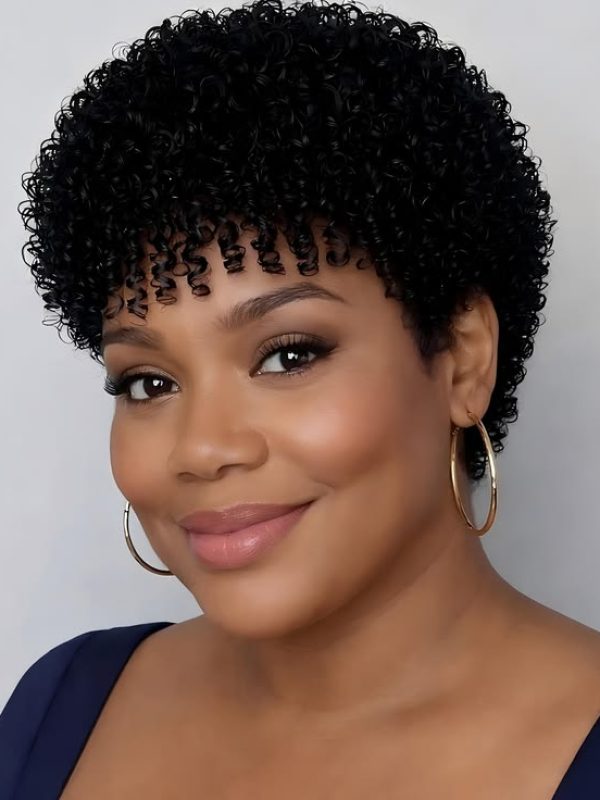 Damen Brasilianische Echthaarperücke für Hauttöne - Afro Cut mit Pony, 4 Zoll Kurzes Wasserlocken-Haarteil, 200% Dichte Maschinenhaar mit Rosennetz-Kappe für , Partys, Hochzeiten, als Valentinstagsgeschenk